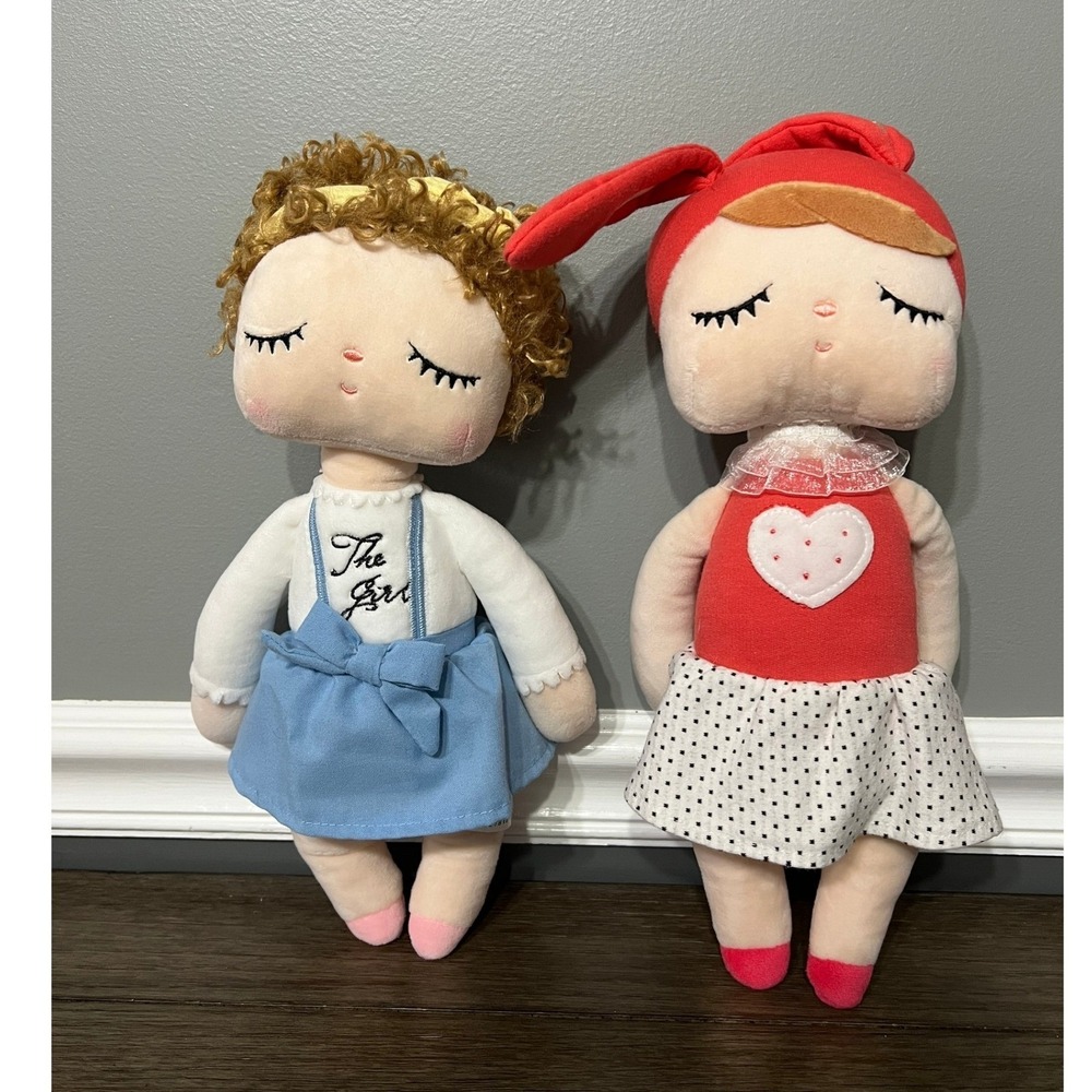 Metoo Angela Plush Stuffed Doll Duo Girls Curly Hair Red Bunny Ears 14" 2023